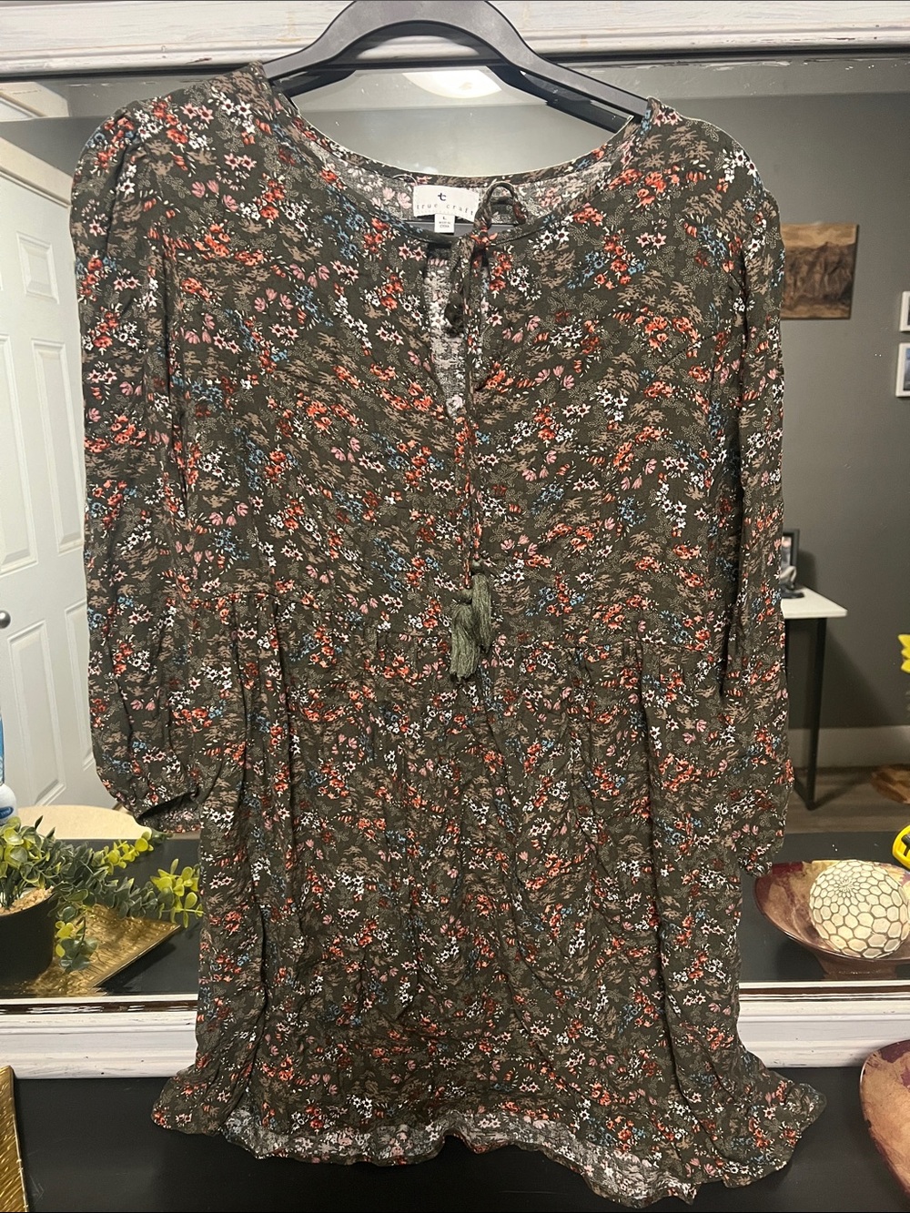 True Craft Floral Olive Multi-Color Print Dress